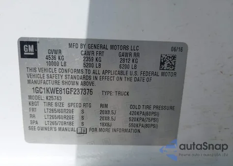 2016 Chevrolet Silverado 2500Hd Ltz from USA, damaged, VIN 1GC1KWE81GF237376